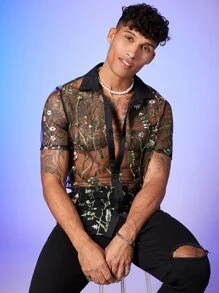 FeverCity Men Floral Embroidery Mesh Button Up See Through Party Sexy Shirt, Boyfriend Gift - Black - View 3