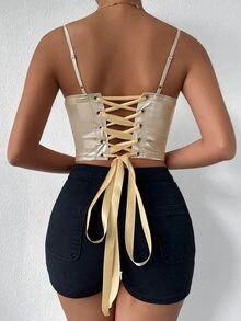 SHEIN VCAY Lace Up Back Cami Top - Champagne - View 2