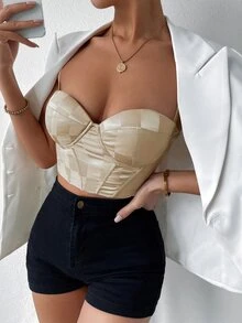 SHEIN VCAY Lace Up Back Cami Top - Champagne - View 4