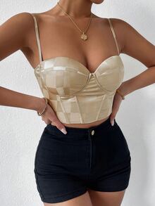 SHEIN VCAY Lace Up Back Cami Top - Champagne - View 5