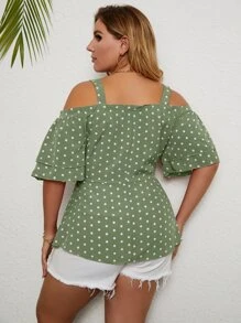 Plus Cold Shoulder Polka Dot Tie Front Blouse - Green - View 2