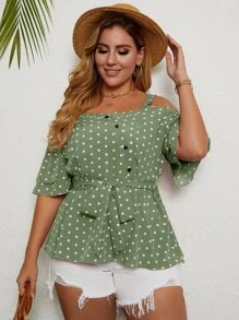 Plus Cold Shoulder Polka Dot Tie Front Blouse - Green - View 5
