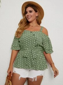 Plus Cold Shoulder Polka Dot Tie Front Blouse - Green - View 6