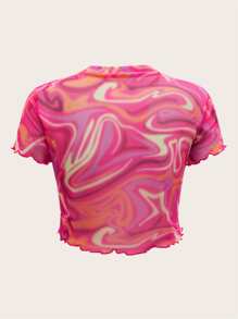 SHEIN ICON 90s Marble Print Lettuce Trim Crop Mesh Top - Multicolor - View 2