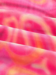 SHEIN ICON 90s Marble Print Lettuce Trim Crop Mesh Top - Multicolor - View 3