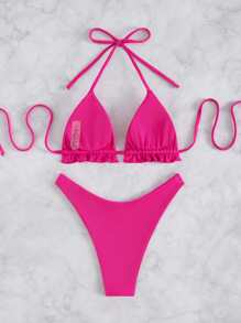 Rib Halter Triangle High Cut Bikini, For Summer Beach Vacation - Hot Pink - View 2