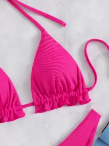 Rib Halter Triangle High Cut Bikini, For Summer Beach Vacation - Hot Pink - View 3