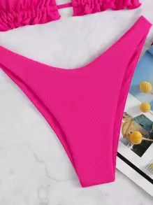 Rib Halter Triangle High Cut Bikini, For Summer Beach Vacation - Hot Pink - View 4