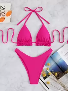 Rib Halter Triangle High Cut Bikini, For Summer Beach Vacation - Hot Pink - View 5