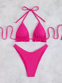 Rib Halter Triangle High Cut Bikini, For Summer Beach Vacation - Hot Pink - View 6