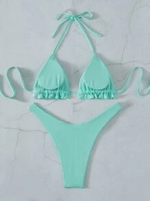 Rib Halter Triangle High Cut Bikini Set, For Summer Beach Vacation - Mint Green - View 2