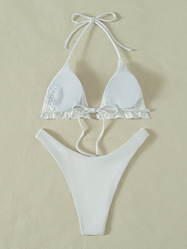 Summer Beach Mono Ribbed Bikini Set Frill Trim Halter Triangle Bra Top & High Cut Bikini Bottom 2 Pieces Bikini