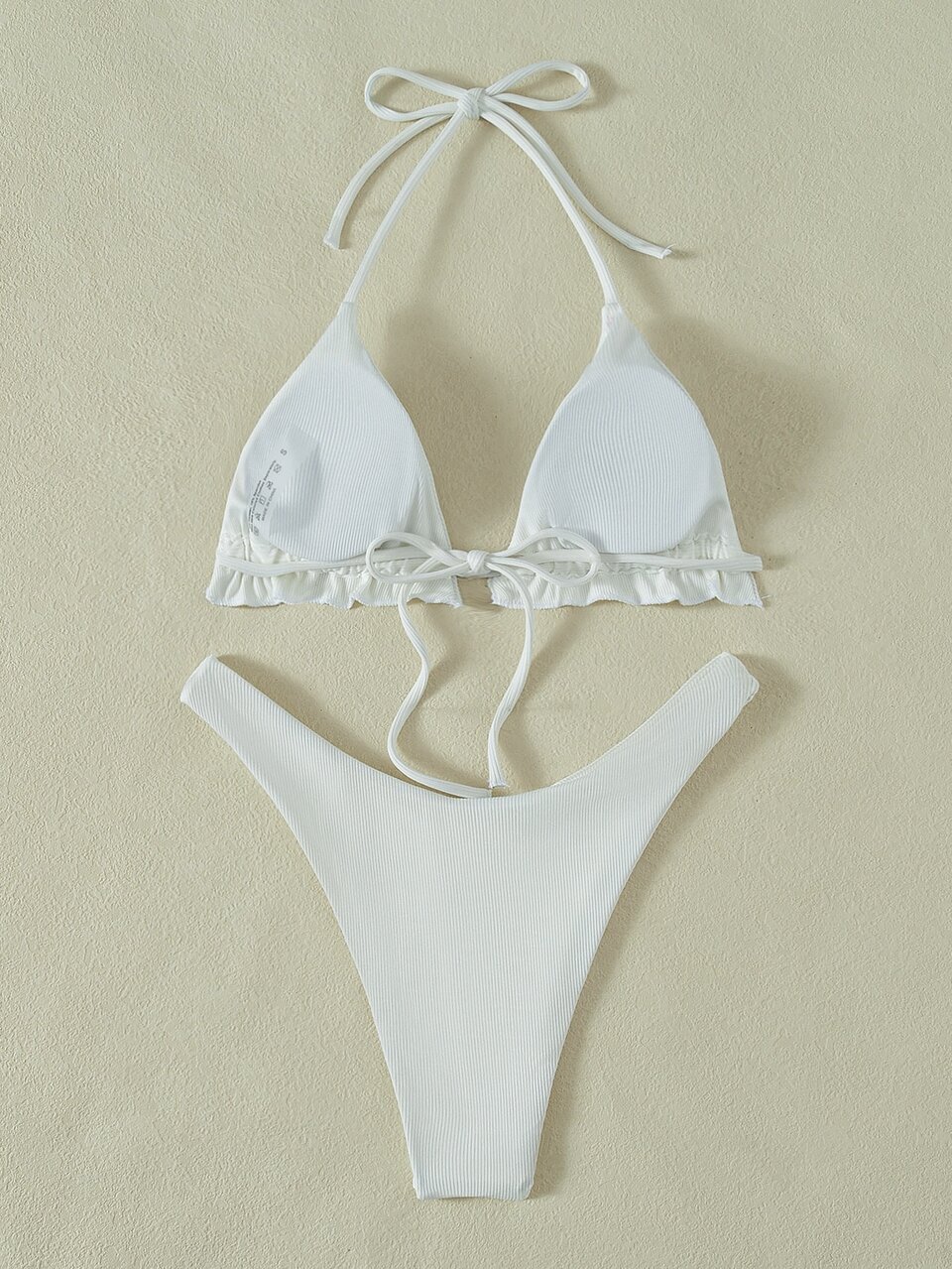 Summer Beach Mono Ribbed Bikini Set Frill Trim Halter Triangle Bra Top & High Cut Bikini Bottom 2 Pieces Bikini