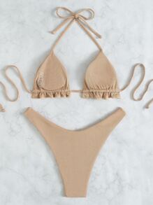 Conjunto de bikini triangular con volantes de punto acanalado, para vacaciones de verano en la playa - Caqui - Ver 2