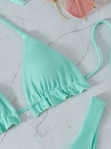 Rib Halter Triangle High Cut Bikini Set, For Summer Beach Vacation - Mint Green - View 3