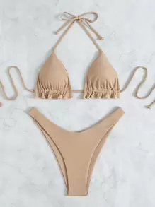 Conjunto de bikini triangular con volantes de punto acanalado, para vacaciones de verano en la playa - Caqui - Ver 3