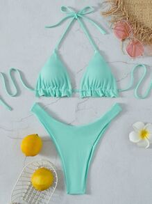 Rib Halter Triangle High Cut Bikini Set, For Summer Beach Vacation - Mint Green - View 4