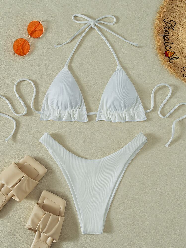 Summer Beach Mono Ribbed Bikini Set Frill Trim Halter Triangle Bra Top & High Cut Bikini Bottom 2 Pieces Bikini