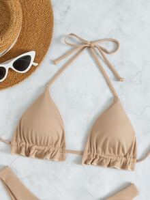 Conjunto de bikini triangular con volantes de punto acanalado, para vacaciones de verano en la playa - Caqui - Ver 6
