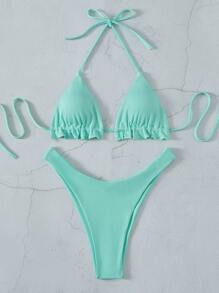 Rib Halter Triangle High Cut Bikini Set, For Summer Beach Vacation - Mint Green - View 6