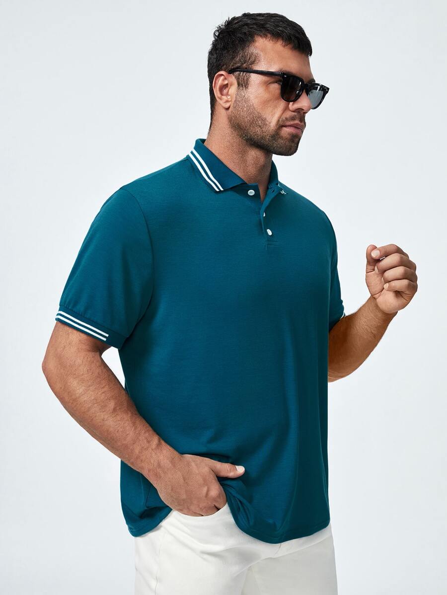 Manfinity Homme Men Plus Striped Print Polo Shirt - Teal Blue - View 1