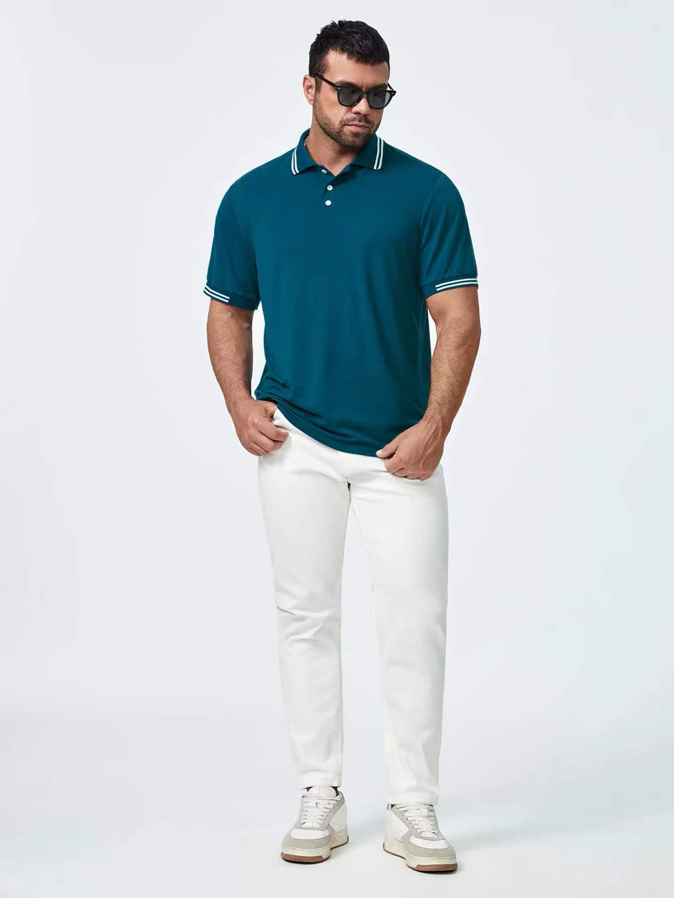 Manfinity Homme Áo thun có cổ Nam Nút Sọc Sẵn sàng - Màu xanh ngọc - Xem 4
