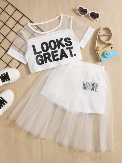 SHEIN 年輕女孩口號圖形對比網眼 Tee 和 Skort