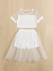 SHEIN 年輕女孩口號圖形對比網眼 Tee 和 Skort - 白色 - 查看 2