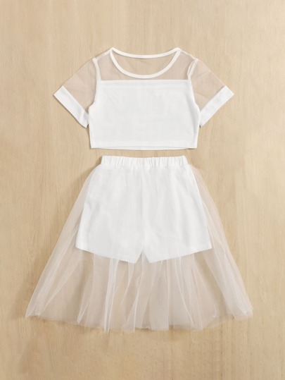 SHEIN 年輕女孩口號圖形對比網眼 Tee 和 Skort
