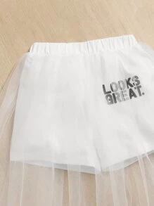 SHEIN 年輕女孩口號圖形對比網眼 Tee 和 Skort - 白色 - 查看 4