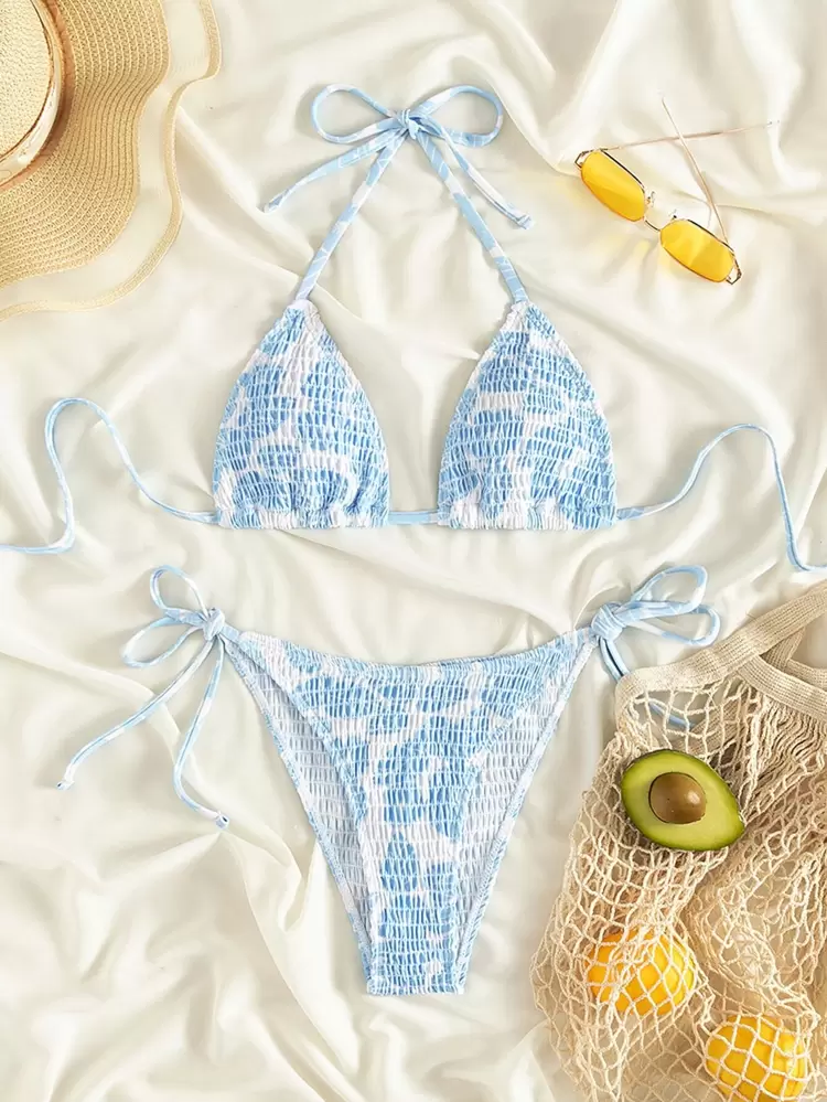 Summer Beach Smocked Tie Side Halter Triangle Bikini