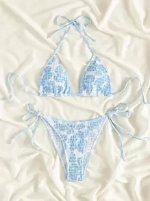 Swim Mod Summer Beach Smocked Tie Side Halter Triangle Bikini - Blue and White - View 3