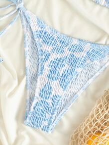 Swim Mod Summer Beach Smocked Tie Side Halter Triangle Bikini - Blue and White - View 5