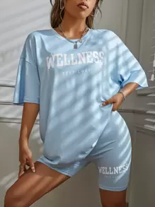 SHEIN MOOSTA Letter Graphic Drop Shoulder Tee & Cycling Shorts - Baby Blue - View 5