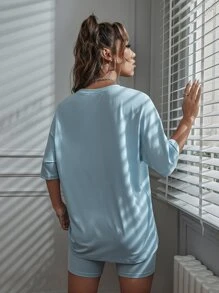 SHEIN Unity Bộ đồ hai mảnh nữ Lá thư Giải trí - Màu xanh nhạt - Xem 2