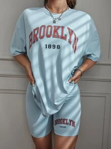 SHEIN Unity Bộ đồ hai mảnh nữ Lá thư Giải trí - Màu xanh nhạt - Xem 3