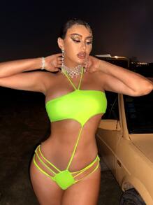 Neon Cut-Out Halter One Piece Swimsuit Bathing Suit For Summer Beach - Lime Green - View 5