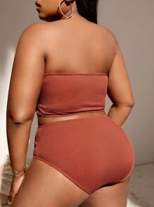 Plus Size Ribbed Tube Bikini Set Summer Beach - Brown - View 2