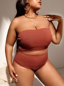 Plus Size Ribbed Tube Bikini Set Summer Beach - Brown - View 3
