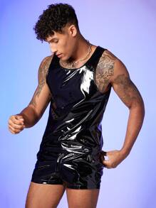 GENTILAND Men Slant Pocket PU Leather Shorts - Black - View 1