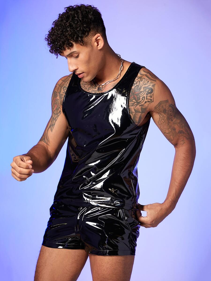 GENTILAND Men Slant Pocket PU Leather Shorts - Black - View 1