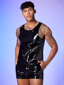 GENTILAND Men PU Leather Tank Top - Black - View 1