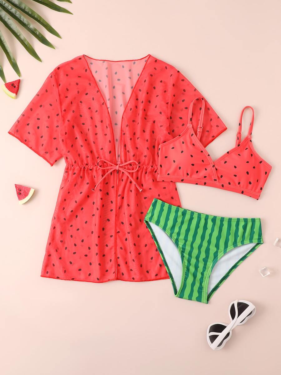 Tween Girl 3packs Watermelon Print Drawstring Waist Bikini Set Summer Beach - Multicolor - View 1
