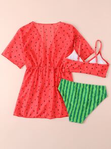 Tween Girl 3packs Watermelon Print Drawstring Waist Bikini Set Summer Beach - Multicolor - View 2