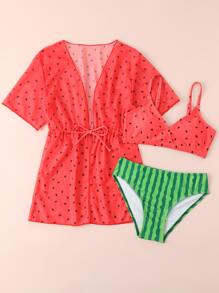 Tween Girl 3packs Watermelon Print Drawstring Waist Bikini Set Summer Beach - Multicolor - View 4