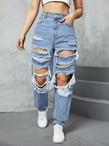 Jeans desgarro de talle alto - Lavado ligero - Ver 1