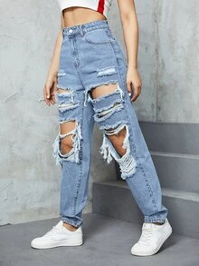 Jeans desgarro de talle alto - Lavado ligero - Ver 3