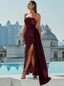 Missord Draped Side Slit Thigh Sequin Tube Formal Dress - Maroon - View 3