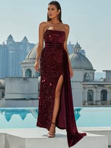 Missord Draped Side Slit Thigh Sequin Tube Formal Dress - Maroon - View 4