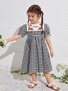 SHEIN 小女童雙色格子字母和花卉刺繡誇大領口泡泡袖洋裝